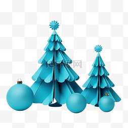 带有蓝纸圣诞树和球装饰的组合物