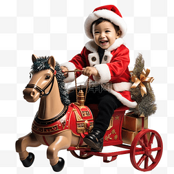 穿着圣诞老人服装的小男孩骑着摇