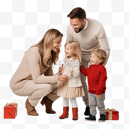 育儿玩具图片_慈爱的父母和站在圣诞树前的孩子