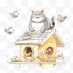 有趣的肥猫躲在自制喂鸟器的屋顶