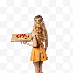万圣节派对上带着披萨到达的女孩