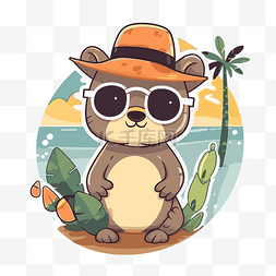 戴着墨镜和帽子的可爱浣熊坐在海
