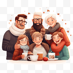 圣诞节时快乐的大家庭享用咖啡