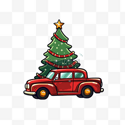 冬季贴纸图片_屋顶上有圣诞树的汽车驾驶平面矢