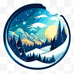 雪景卡通图片_带有雪景剪贴画图像的圆形贴纸 