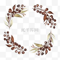 水彩咖啡枝浆果花环框架