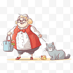 购物带插画图片_有趣的胖乎乎的家庭主妇和她快乐