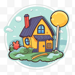 古妇人古房子素材图片_蓝色背景剪贴画岛上的卡通房子 