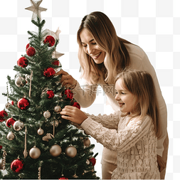母亲和女儿在室内装饰圣诞树