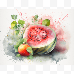 水彩甜瓜图片_西瓜和桃子的水彩插图