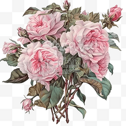粉红玫瑰复古古董水彩花束带叶