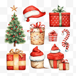 节日圣诞节设置水彩插图与圣诞元