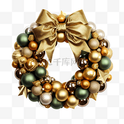 金色松枝图片_圣诞花环装饰着金色和棕色的球和