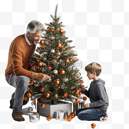 父亲和儿子一起装饰圣诞树