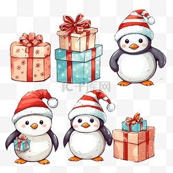 卡通禮品盒图片_一套戴着圣诞老人帽子的可爱雪人