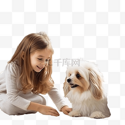 玩耍的狗图片_一个小女孩在圣诞树附近和她的狗