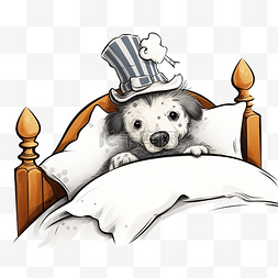一只卡通狗躺在床上，戴着帽子，