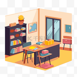 教室椅子卡通图片_教室剪贴画办公室内部有书籍和书