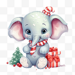 可爱的大象拿着圣诞糖果和礼物