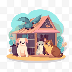 宠物店卡通图片_地上房子上的三只宠物剪贴画 向
