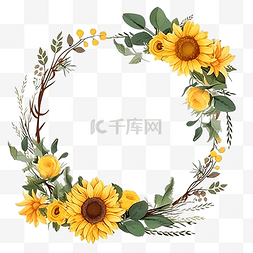 黄色干花束图片_黄色向日葵野花和桉叶干树枝花束