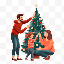 快乐的父母和小儿子在家装饰圣诞
