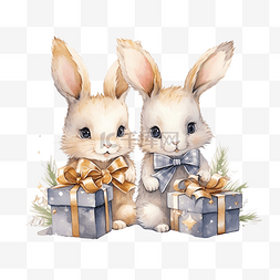 可爱的礼品盒图片_可爱的兔子坐在圣诞树圣诞贺卡附
