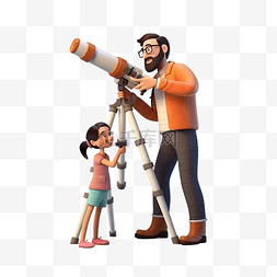 3d 渲染父女一起使用望远镜插图