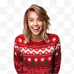 时尚印花图片_穿着带有圣诞印花的舒适红色毛衣