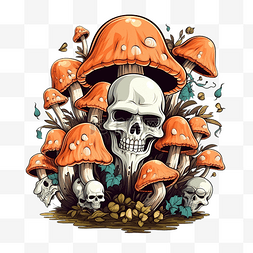 万圣节蘑菇与卡通头骨