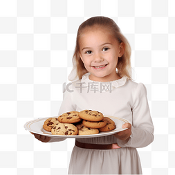 微笑的饼干人图片_小女孩在圣诞树附近拿着饼干盘