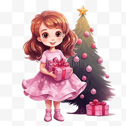 粉色圣诞树礼物图片_一个穿着粉色裙子的小女孩站在圣
