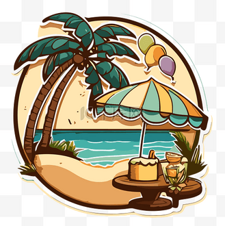 热带贴纸与海滩剪贴画上的桌子 向量