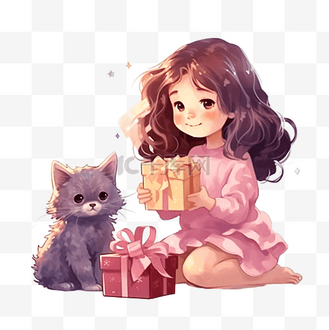 一个穿粉色裙子的女孩打开了一份礼物，里面有一只猫，放在圣诞树下的盒子里