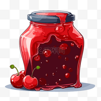果酱罐剪贴画樱桃果酱罐酱汁从里面溢出矢量插画卡通