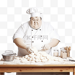 做蛋糕的厨师图片_穿着制服的滑稽胖厨师站在厨房的