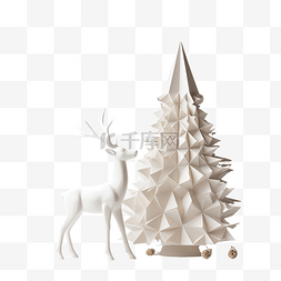 木桌上有白色驯鹿和圣诞树的假日