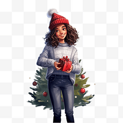 站在树上的女孩图片_穿着圣诞老人帽毛衣和牛仔裤的女