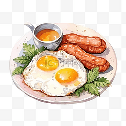 煎鸡蛋和香肠加牛奶水彩剪贴画