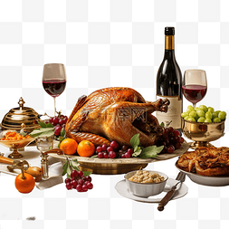 感恩节餐桌布置，配有烤鸡和馅饼