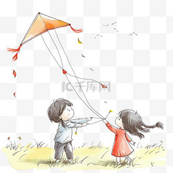 春天孩子玩耍卡通放风筝手绘元素