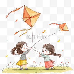 春天孩子放风筝玩耍卡通手绘元素