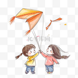 孩子简单图片_春天放风筝孩子玩耍卡通手绘元素