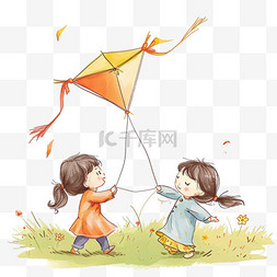 放风筝插画人物图片_春天卡通孩子放风筝玩耍手绘元素