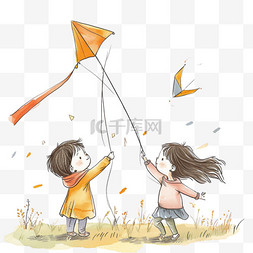 孩子放风筝玩耍卡通手绘元素春天