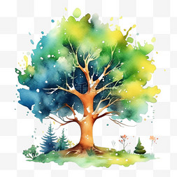 手绘水彩树图片_卡通手绘水彩树元素扁平插画
