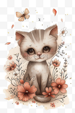 春天可爱小猫卡通手绘免抠元素