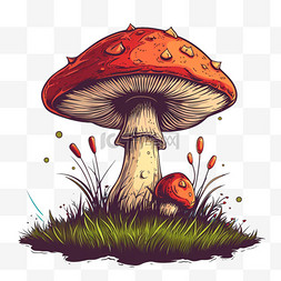 植物卡通描边图片_春天元素植物蘑菇卡通手绘