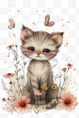 手绘春天可爱小猫卡通免抠元素