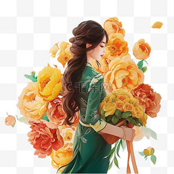 手绘旗袍女孩图片_妇女节时尚女孩元素花朵手绘插画
